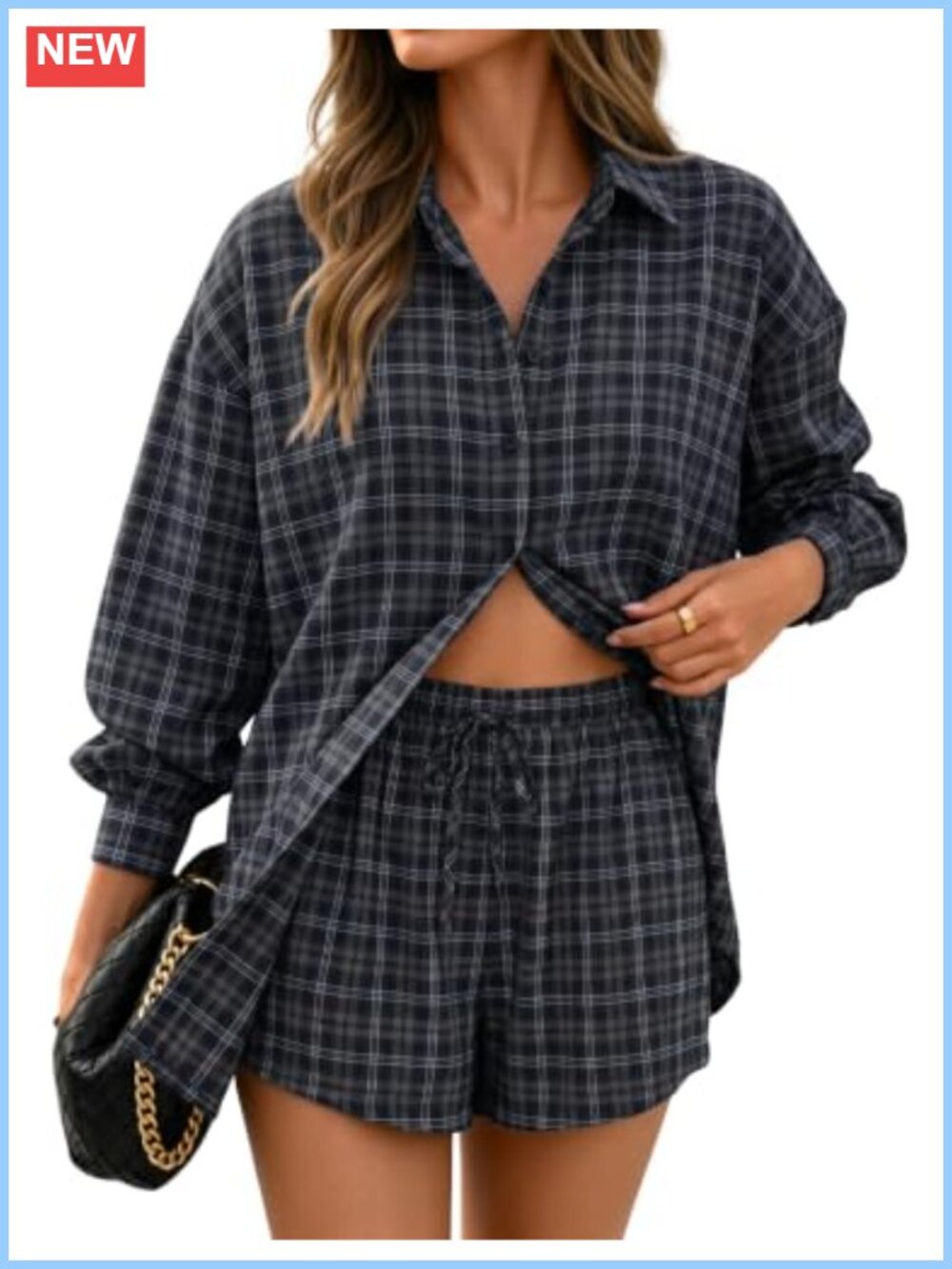 Two Piece Striped Plaid Casual Fall Shorts Set – Oversized Long Sleeve Button